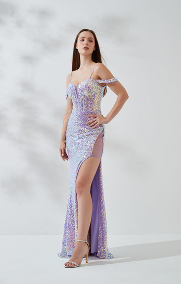 Vestido de Noche de Sirena con Lentejuelas, Hombros Descubiertos, Brillo, Abertura Alta y Escote Corazón, Vestido Formal de Fiesta de Graduación