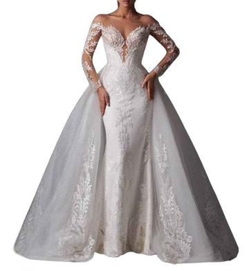 Off-the-Shoulder Mermaid Wedding Dress with Detachable Overskirt, Long Illusion Lace Sleeves & Deep V-Neck
