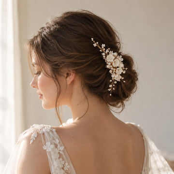 White Floral Pearl Bridal Hair Comb with Gold-Tone Branches
