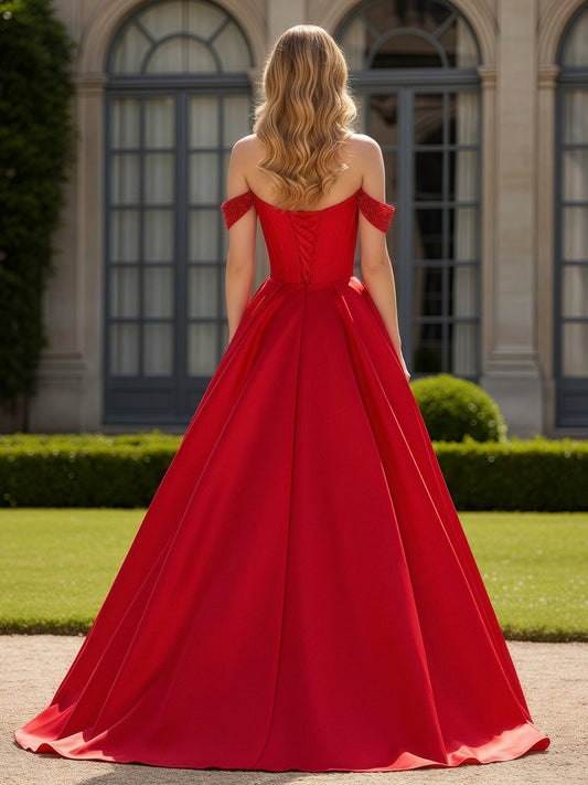 A-Line Prom Dresses Red Satin High Slit Formal Maxi Dress Off-the-Shoulder Glitter Bodice Corset Evening Dresses