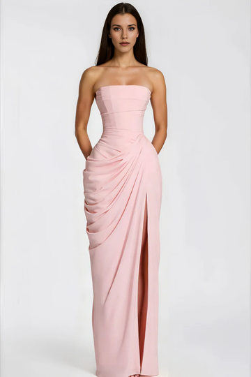 Strapless Corset Back Ruched Chiffon High Slit Mermaid Maxi Dress