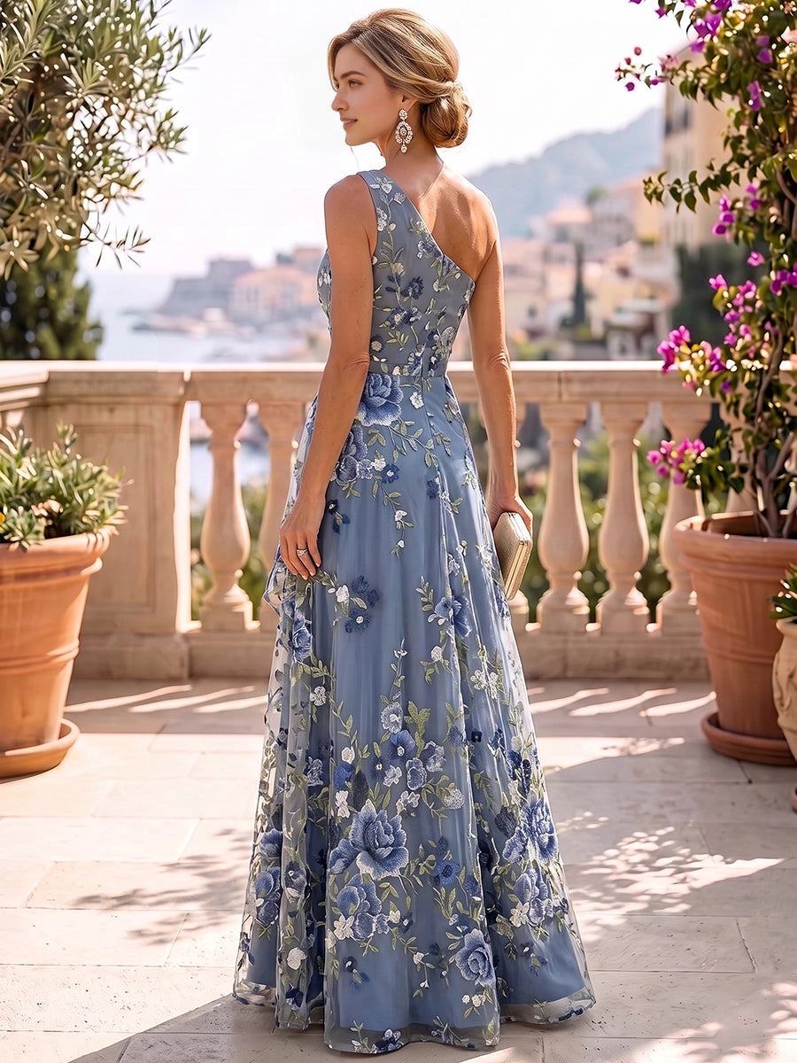 Open back floral embroidered tulle long formal mother of bride evening gown