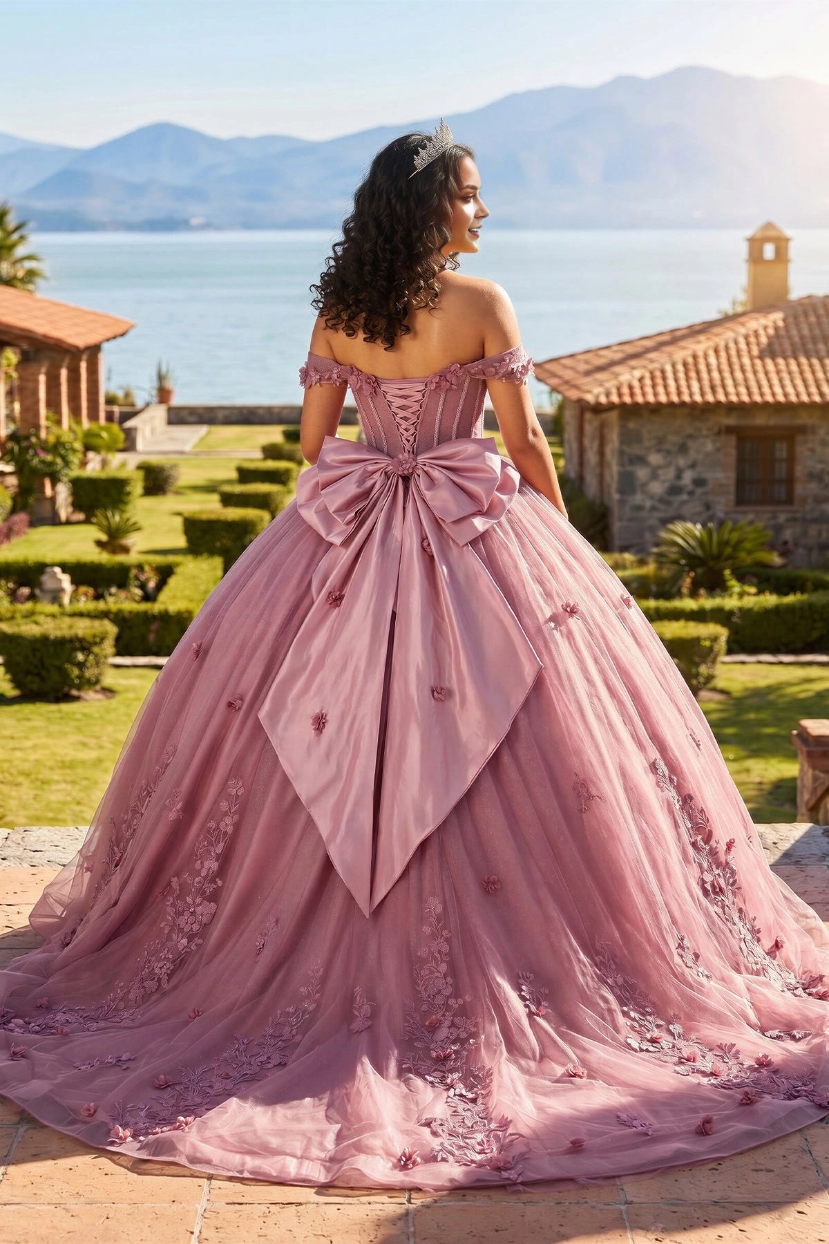 Vedress dusty rose quinceañera dress lace-up corset back with oversized satin bow and 3D flowers back view