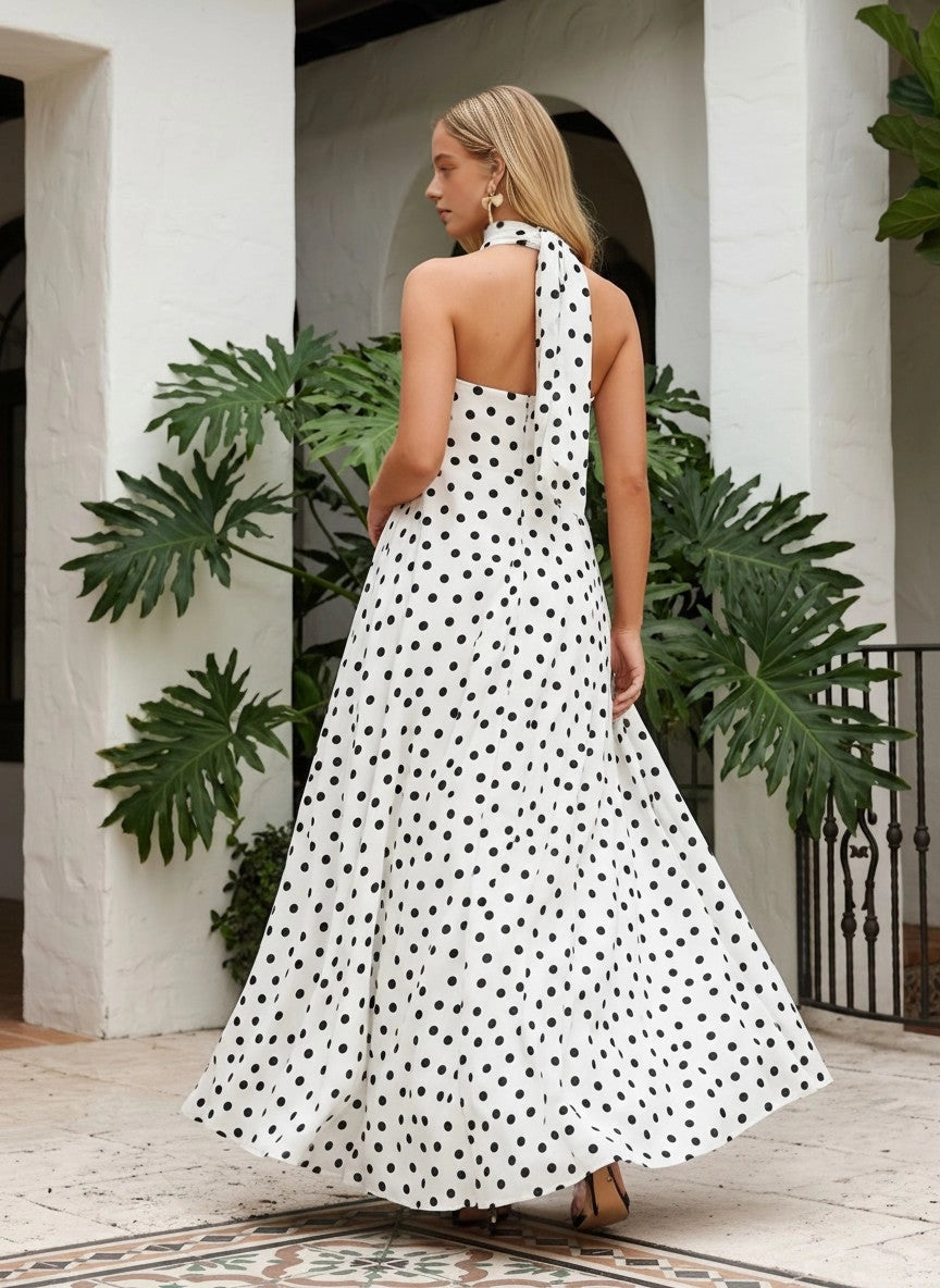 Back‑view Vedress open tie‑back polka dot sleeveless bridesmaid dress