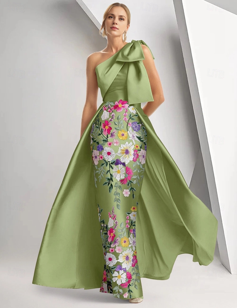 Vedress sage green satin one shoulder bow floral embroidered mermaid maxi prom evening dress