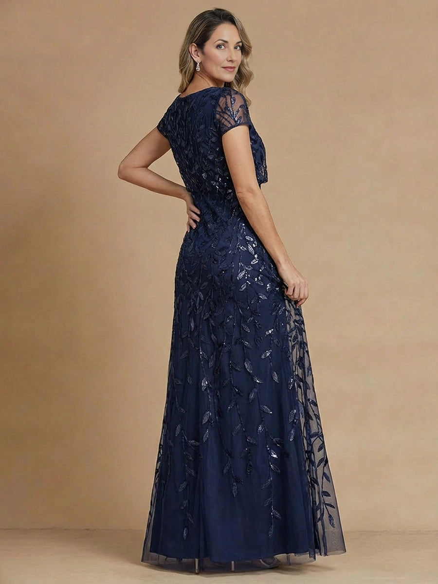 Zip‑back navy sequin embroidered long formal mother of bride evening gown