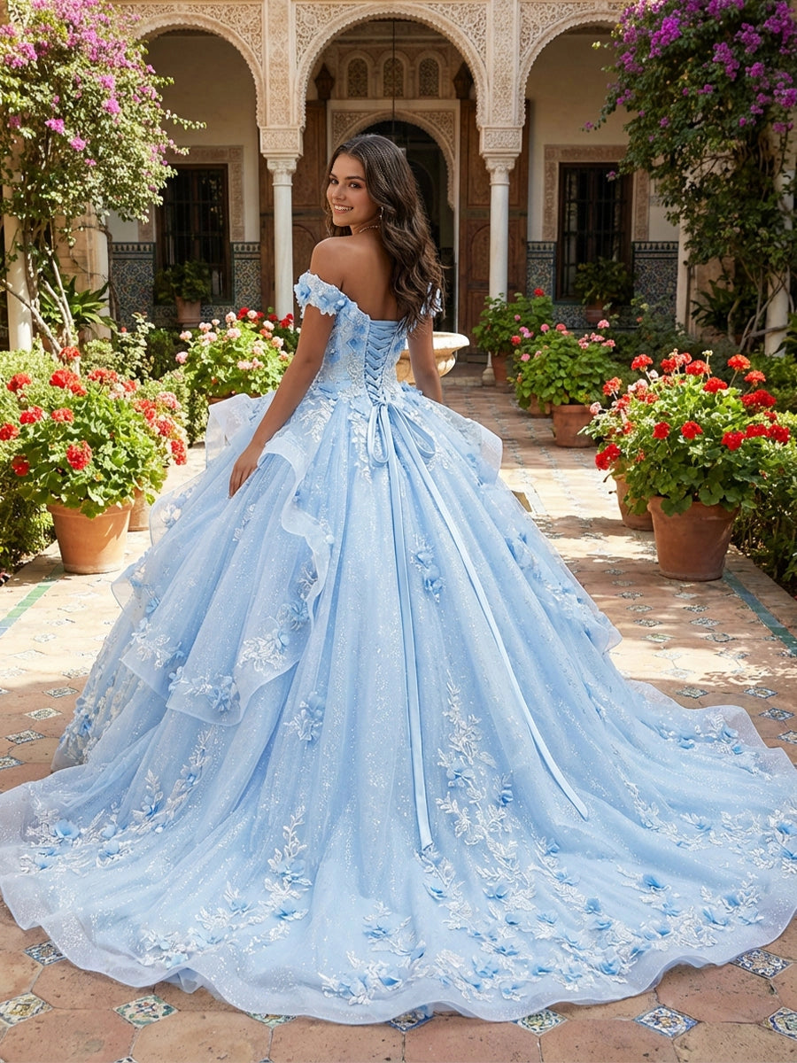 Vedress light blue quinceanera dress off-shoulder lace-up corset back 3D floral applique ruffle tulle ballgown back view