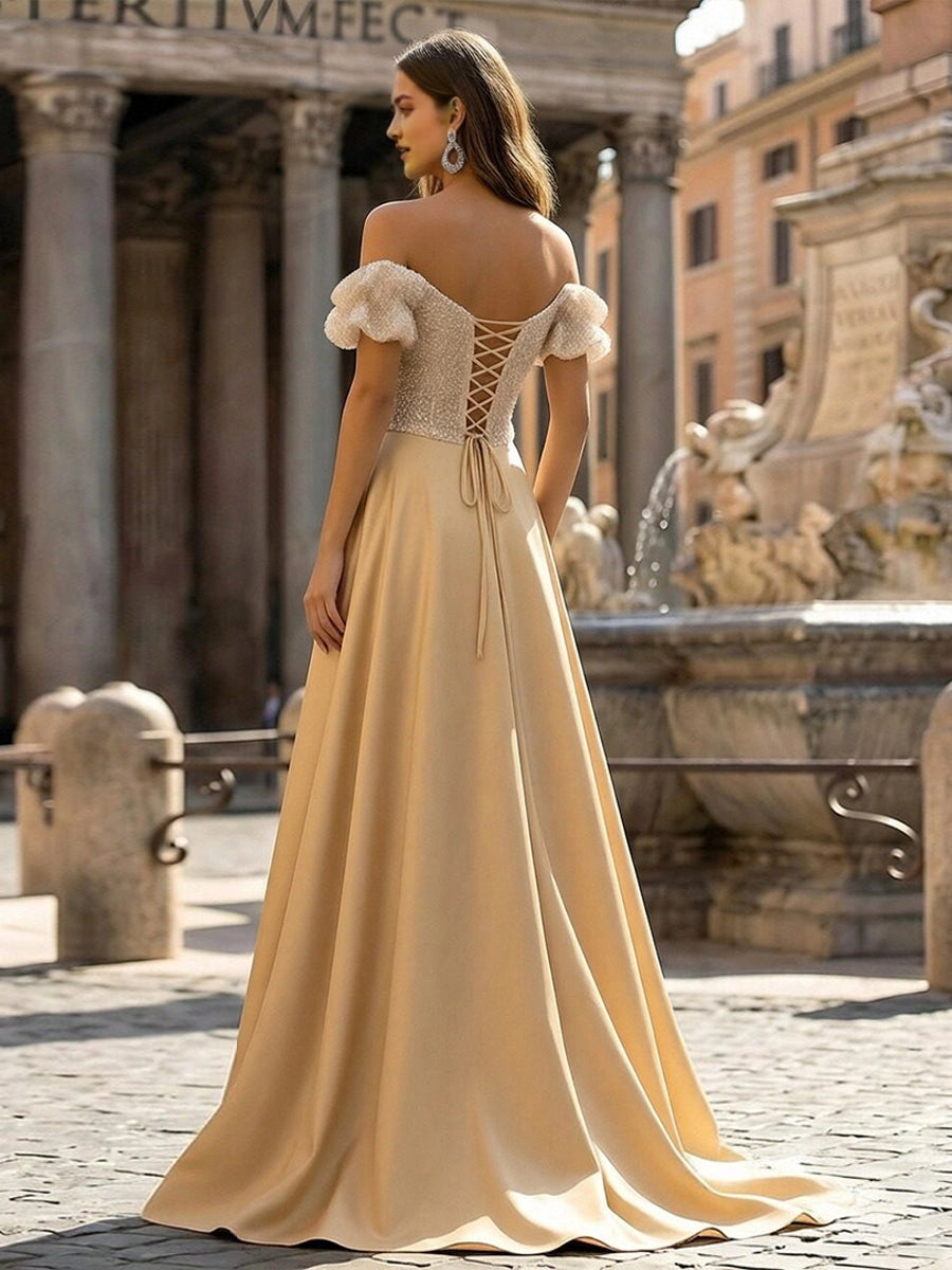 Vedress corset lace‑up back ruffle sleeve golden long evening gown back view