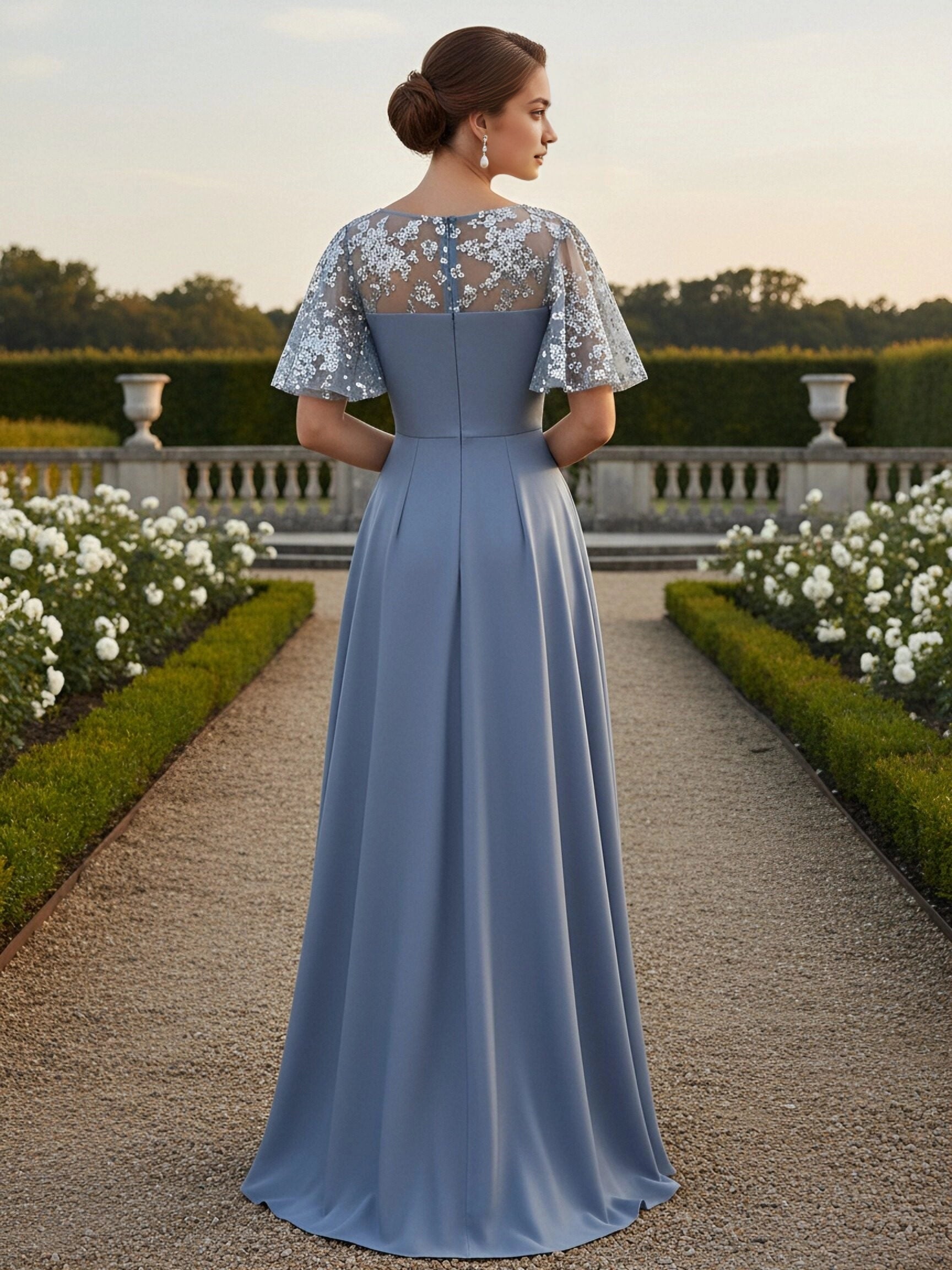 Vedress dusty blue sequin lace flutter sleeve v‑neck a‑line long mother of the bride gown
