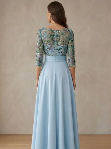 Elegant Floral Lace Cowl Neck 3/4 Sleeve Open Back Midi Formal Dress Satin Mother of the Bride Dresses