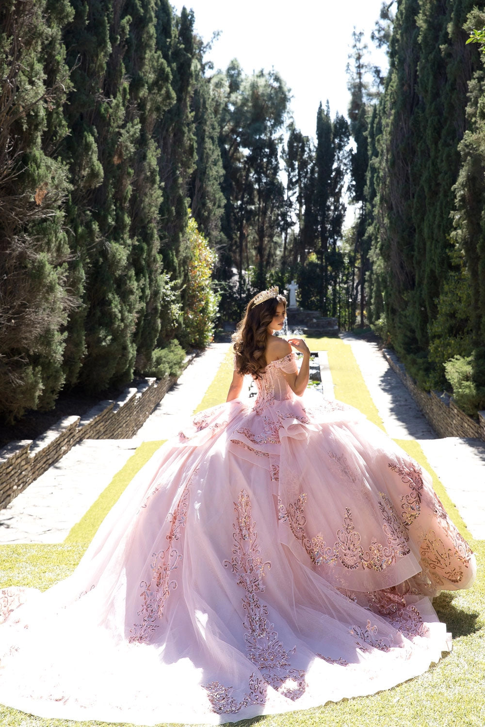 Vedress blush pink quinceanera ball gown corset back chapel train gold lace appliques back view layered ruffle skirt