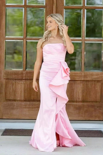Vedress soft pink satin strapless big side ruffle high slit mermaid long prom dress
