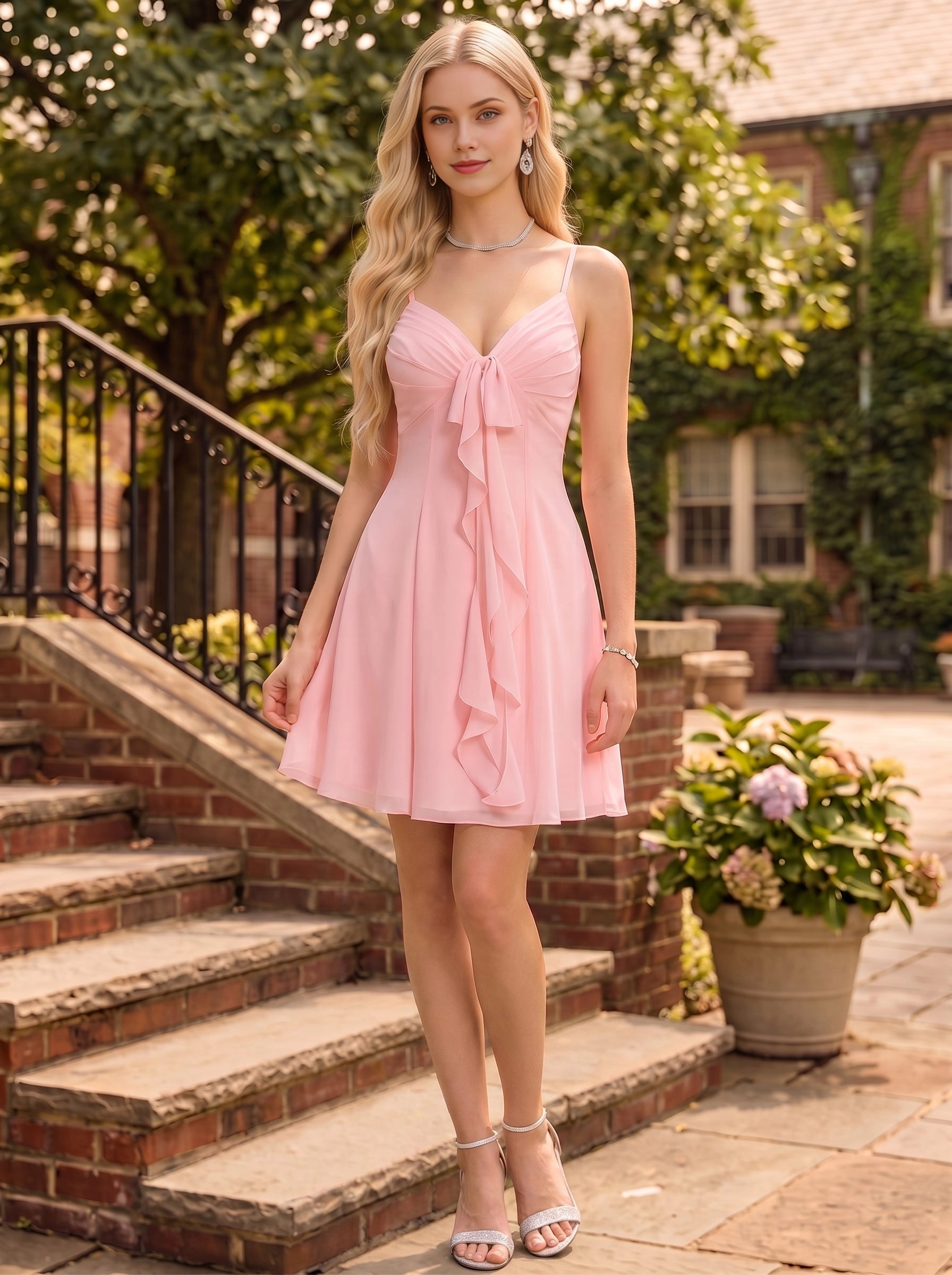 Vedress blush pink chiffon bow front spaghetti strap mini homecoming dress front full view