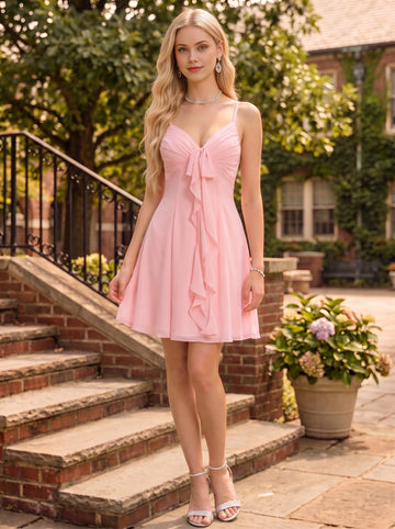 Vedress blush pink chiffon bow front spaghetti strap mini homecoming dress front full view