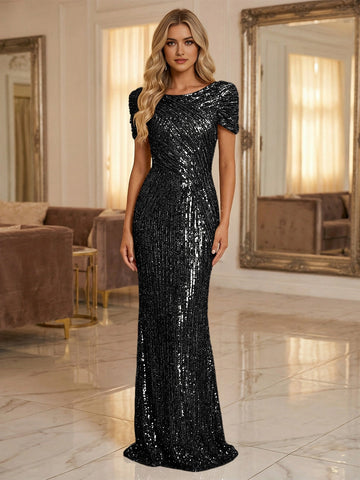 Luxury Mermaid Boat‑Neck Short‑Sleeve Zipper‑Back Full‑Sequin Floor‑Length Prom Dress