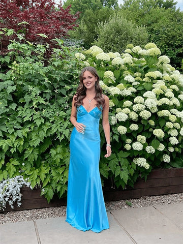 Elegant Mermaid V-Neck Spaghetti Strap Bow Open Back Floor-Length Prom Dress