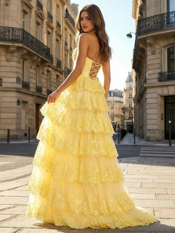 Lace‑up back yellow tiered lace a‑line formal long prom gown for party