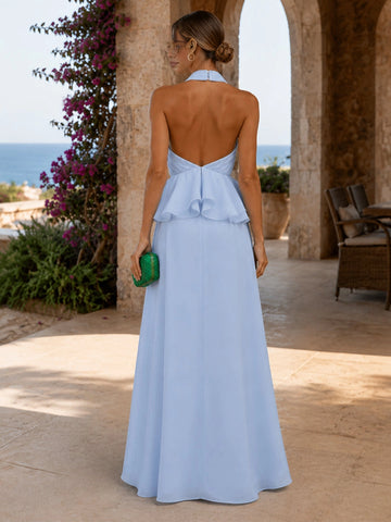 Back‑view Vedress open‑back zipper halter peplum flowy chiffon bridesmaid dress