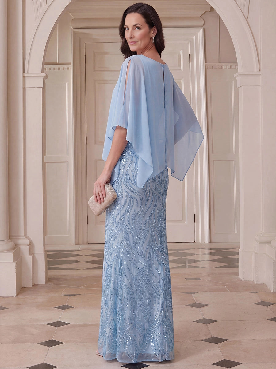 Zip‑back bateau neck cape sleeve beaded formal long mother of bride gown