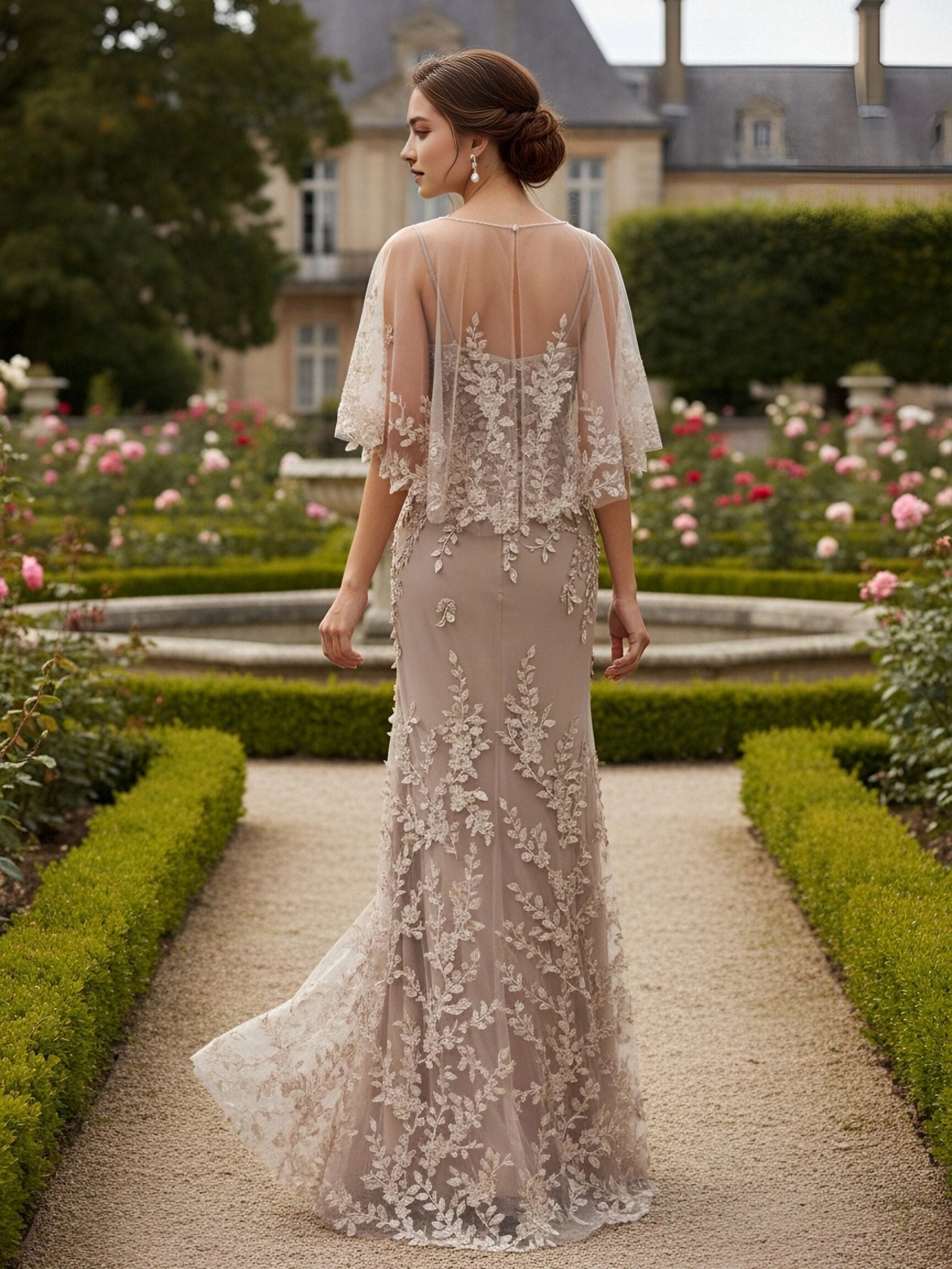 Vedress champagne lace applique cape sleeve sheer open‑back mermaid long mother‑of‑the‑bride dress front and back view