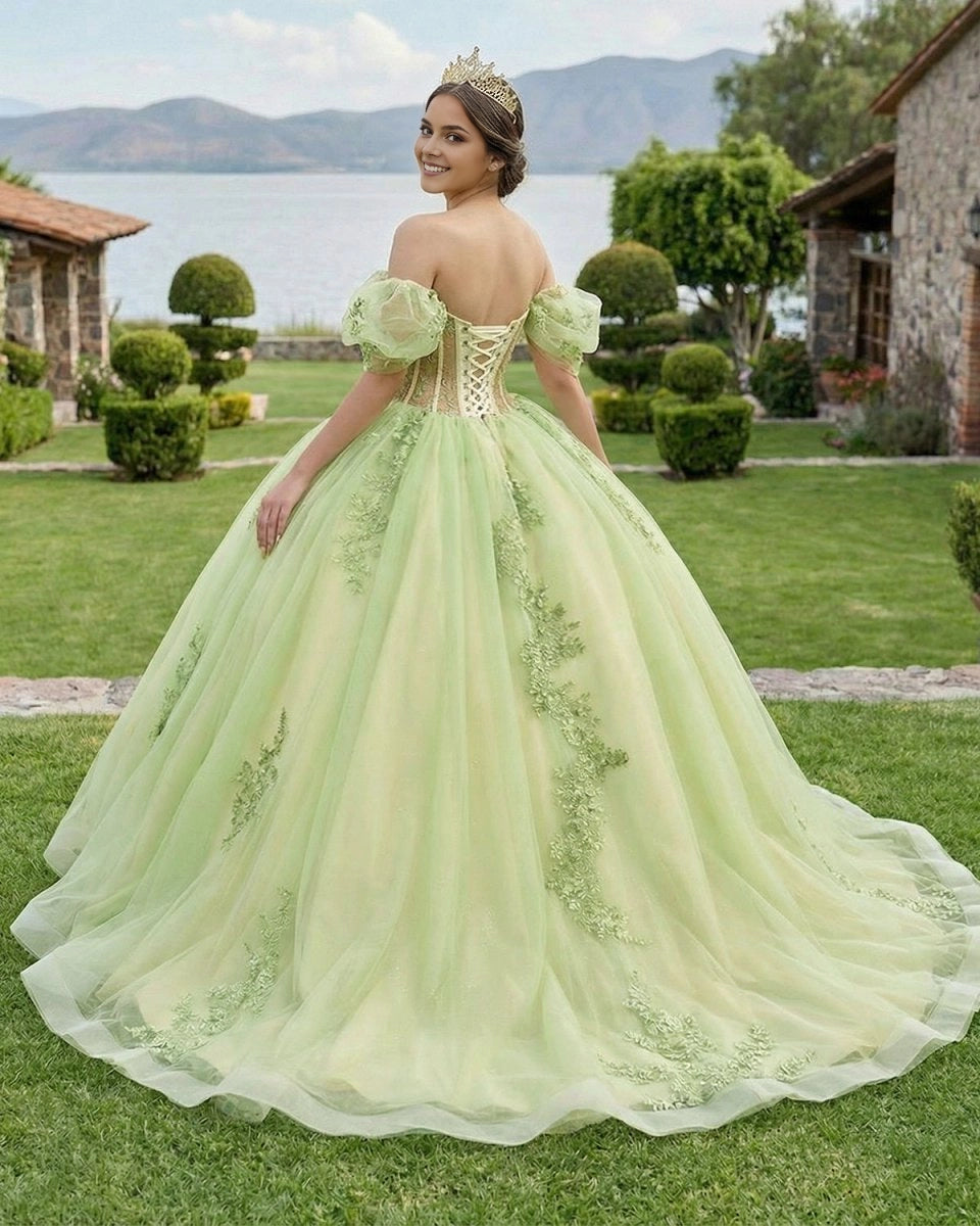 Vedress lime green quinceanera ballgown back view, corset lace-up back, sweep train tulle skirt decorated with green leaf embroidery