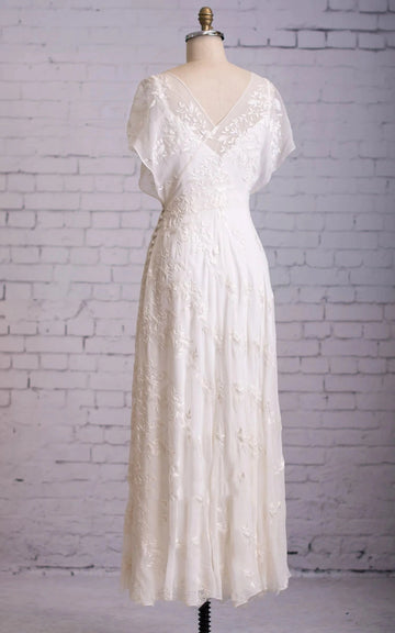 Soft A line V Flutter Sleeve V Back Floor Length Lace Wedding Dress