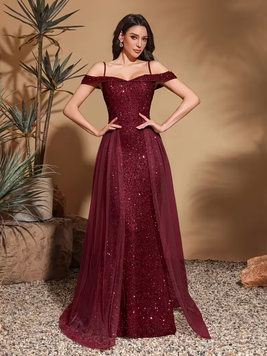 Sequin Off Shoulder Backless Waist Mermaid Long Dress Party Prom Banquet Evening Gown Sparkling Bodice and Tulle Skirt