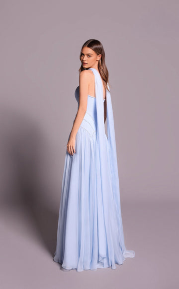 Vedress icy blue open-back prom dress with draped scarf detail back view