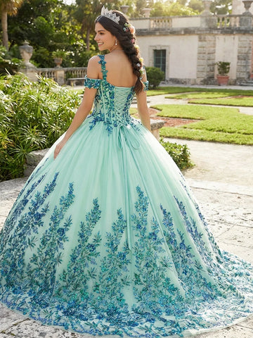 Vedress mint green quinceanera dress off shoulder lace-up corset back gradient sequin botanical appliqué court train ballgown back view