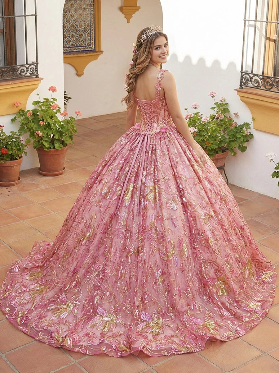 Vedress pink tulle quinceanera gown V-neck spaghetti straps lace-up corset back long satin sash full skirt with train pink gold floral appliques back view