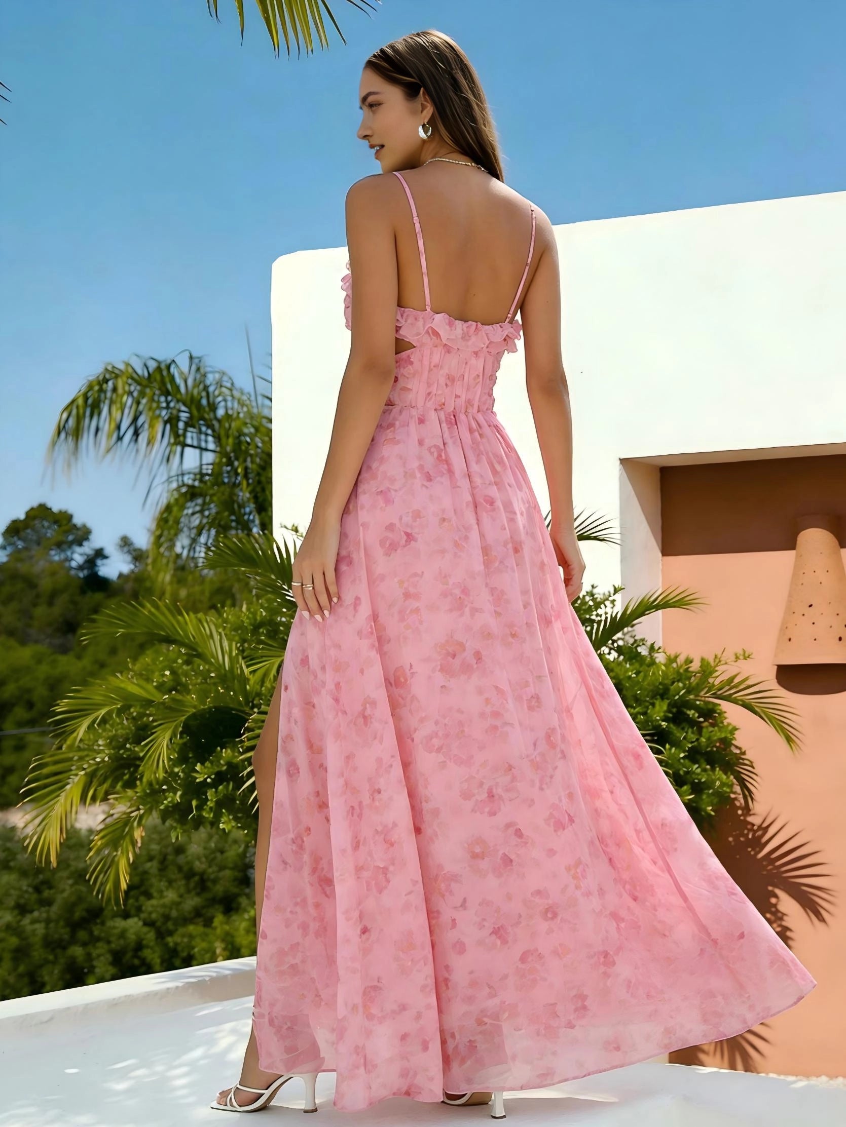 Vedress pink floral chiffon wedding‑guest maxi dress,3D flower bust,thin straps,open‑back and high side slit