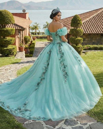 Vedress turquoise quinceañera dress, corset lace up back off-shoulder gown with long train and floral embroidery