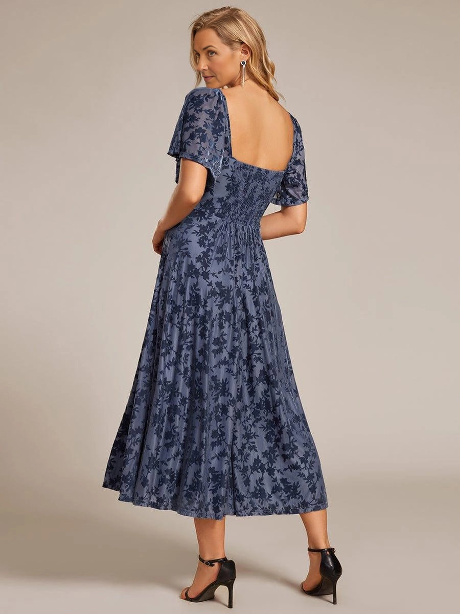 Vedress smocked square open‑back blue floral formal midi gown