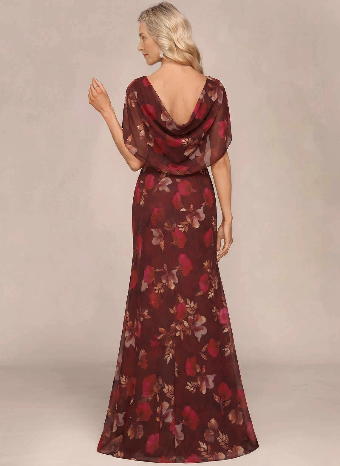 Back View Burgundy Floral Mermaid V‑Neck Cape Sleeve Cowl Back Long Mother Of The Bride Dress Vedress