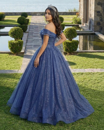 Vedress navy blue off shoulder ball gown quinceanera dress lace up back view sparkly full skirt