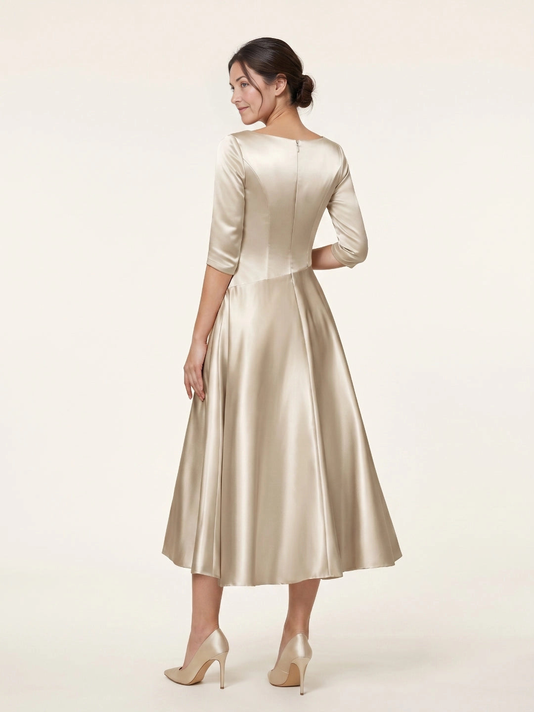 Zip‑back champagne satin midi long sleeve mother of the bride formal cocktail dress