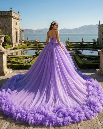 Vedress lavender quinceañera dress, corset lace up back thin strap gown with voluminous layered ruffle tulle skirt and train