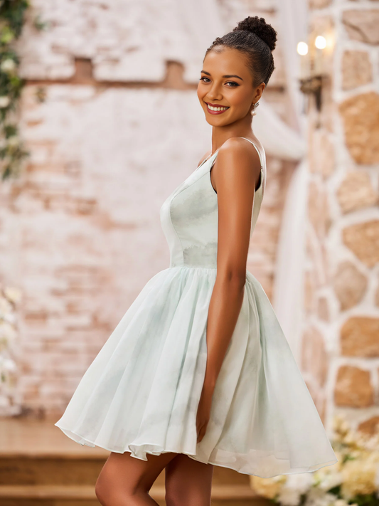 Mint Green Spaghetti Strap Chiffon Mini Dress - V-Neck & Open Back A-Line Homecoming & Cocktail Dress