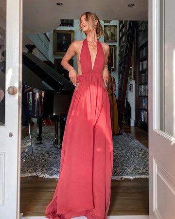 Elegant Sheath Plunging V-Neck Sleeveless Open Back Floor-Length Evening Dress