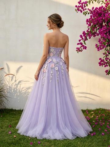 Back view Vedress zip‑back handmade flower applique strapless lavender bridal gown