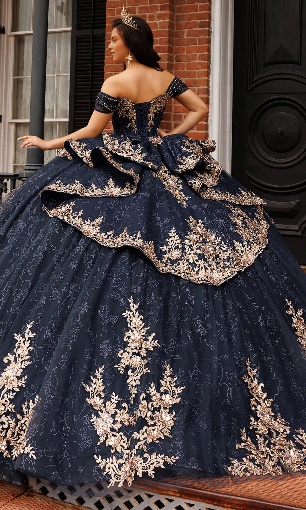 Vedress navy gold quinceanera dress lace‑up corset back sweep train layered bow ballgown back view