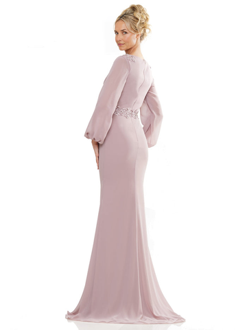 Women's V-Neck Long Sleeve Chiffon Mermaid Mother of the Bride Dress Evening Gown Sweep Train with Crystal Waist Belt