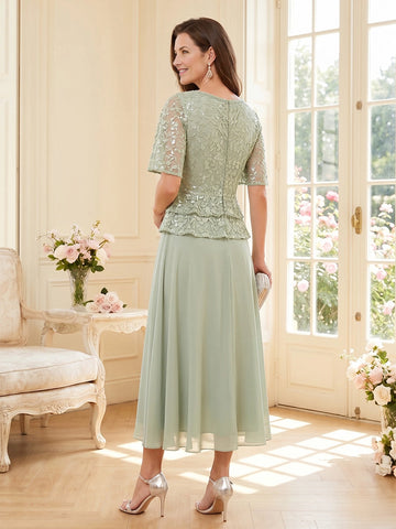 Back view sage green two‑piece look formal gown,lace peplum top,center zipper vedress