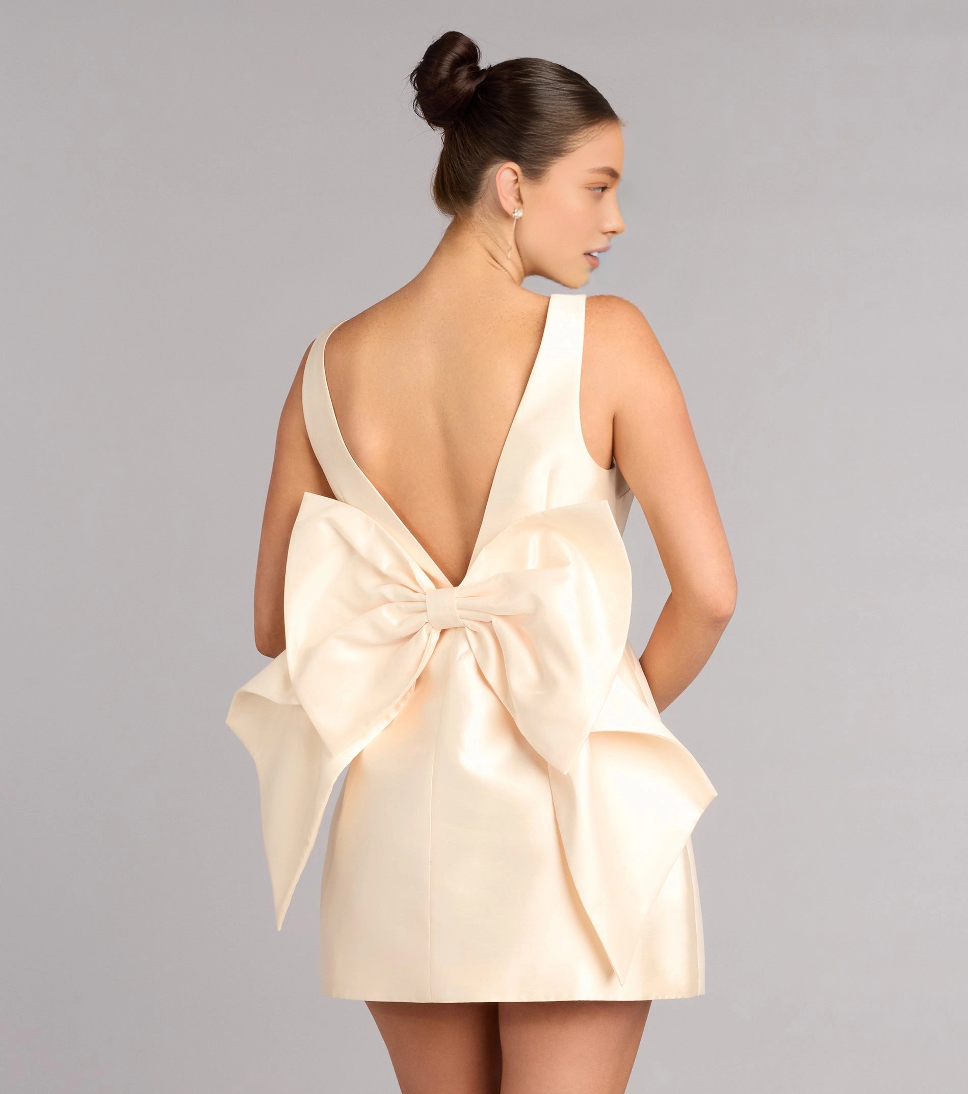 Vedress cream satin deep V back big bow mini homecoming dance dress back detail