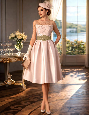 Satin Aline Round Neck 3/4 Sleeve Zip Back Midi Prom Dress