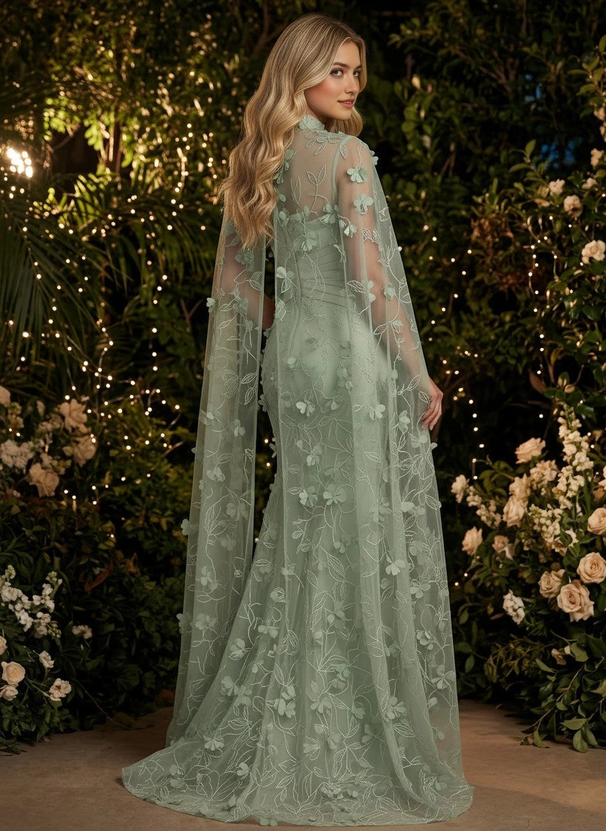 Zip‑back sheer tulle cape long promdress back view