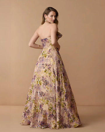 strapless open back,smocked invisible zipper back,printed organza fabric,voluminous a‑line silhouette
