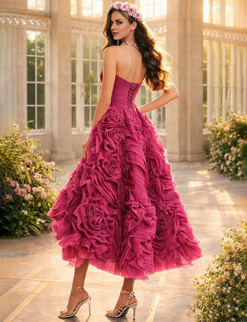 Back view Vedress corset lace up back ruffled floral formal prom dress
