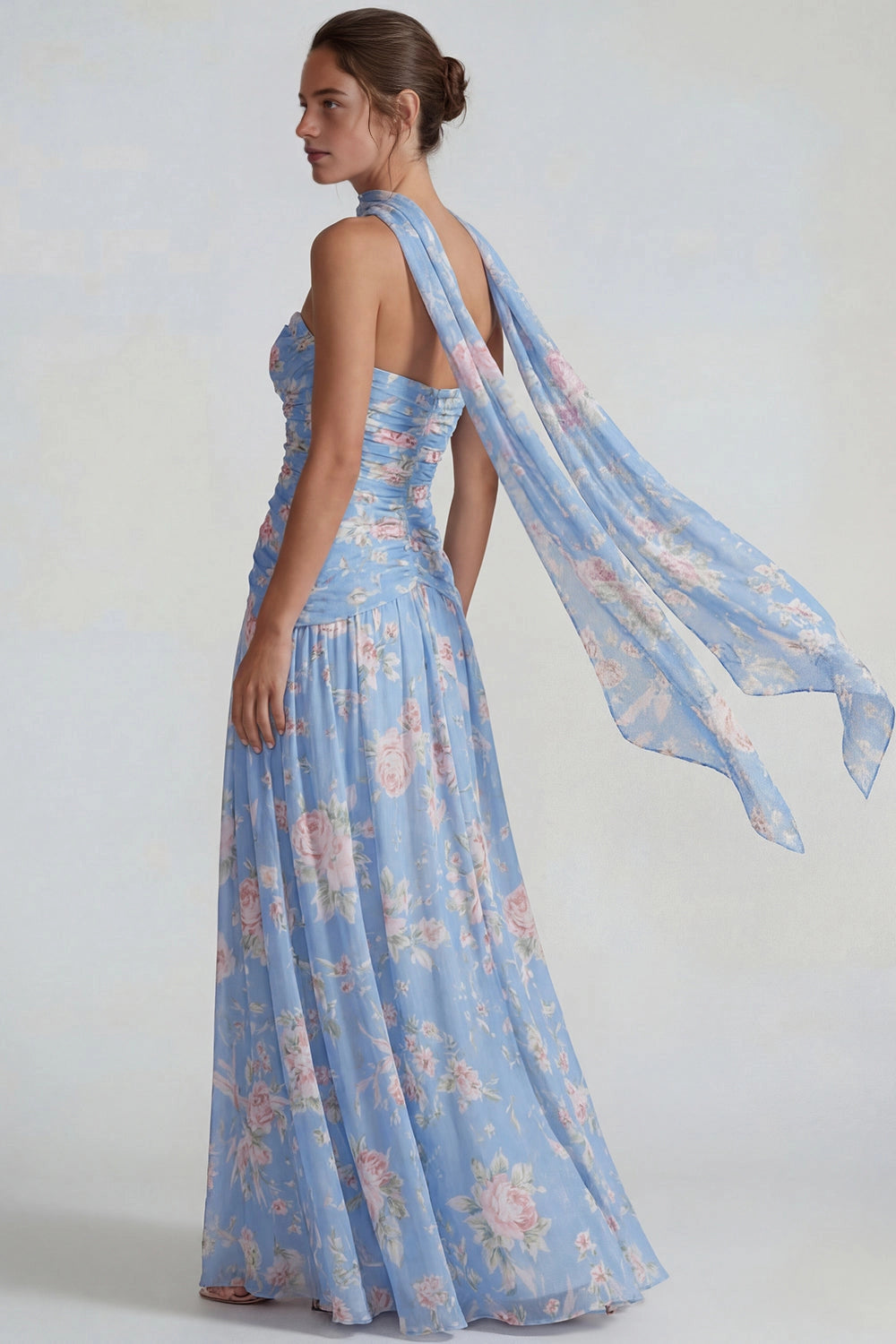 Vedress chiffon floral open back maxi bridesmaid dress detachable long scarf back view