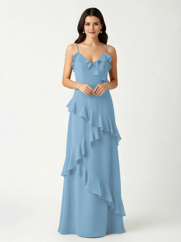 Spaghetti Strap V-Neck Asymmetrical Ruffle Chiffon Bridesmaid Maxi Dress